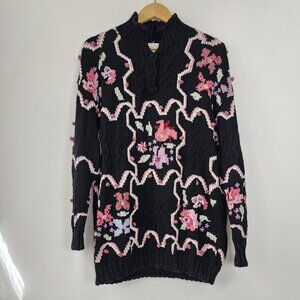 Hand Knit Black Sweater 2X Pink Floral Design Button Collar Shabby Chic Cottage